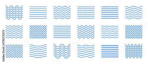 Abstract blue geometric simple line wave pattern set. Element for decoration and design. Template, banner, background. Imitation of water. Wavy texture. Beautiful line curves. Vector illustration.
