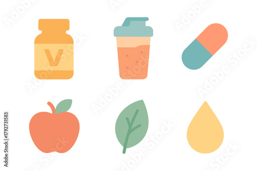 Nutrition and wellness icons: vitamins, supplements, and natural elements
