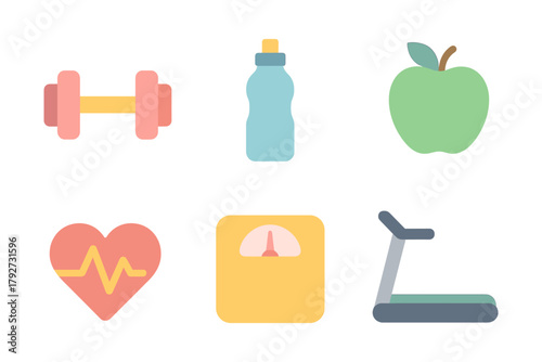Fitness icons set: dumbbell, water bottle, apple, heartbeat, scale, treadmill in flat style