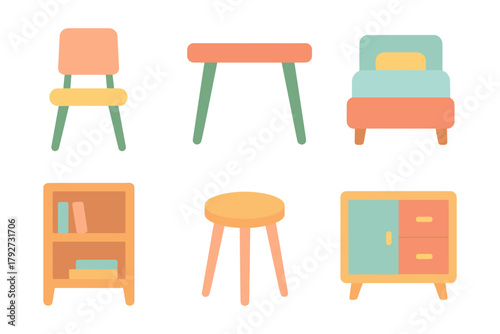 Modern flat style furniture set: chairs, tables, bed, and cabinet designs