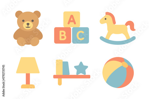 Colorful baby toys collection: blocks, teddy bear, rocking horse, and more