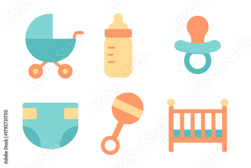 Essential flat icons for baby care: stroller, bottle, pacifier, diaper, rattle, crib