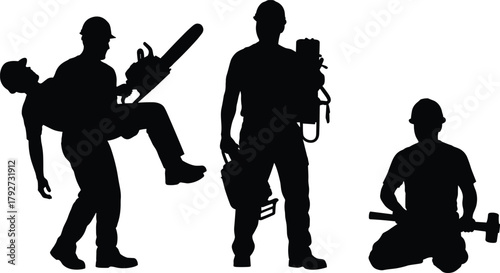 Silhouette of construction workers with tools and safety helmets, teamwork and rescue concept, labor industry, safety awareness, strength, emergency response, hard work, industry.