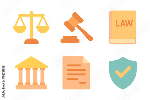 Legal icons set: court, law, gavel, and justice symbols in flat design