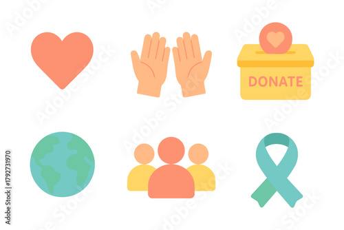 Flat style humanitarian icons: heart, hands, donation box, earth, community, ribbon