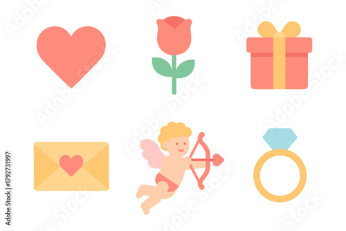 Cute valentine symbols: heart, cupid, flower, gift, ring, mail in flat design