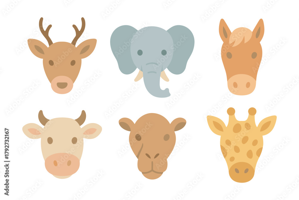 Fototapeta premium Flat style animal faces: deer, elephant, horse, cow, camel, giraffe icons