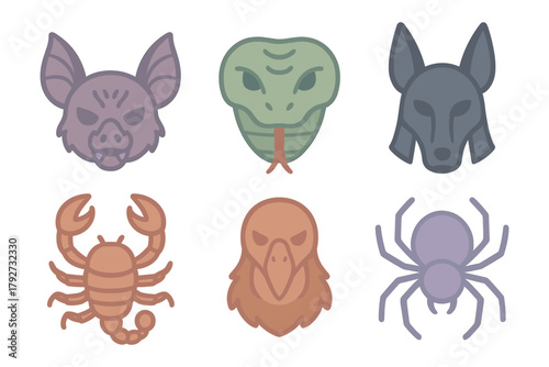 Colorful animal icons: bat, snake, wolf, scorpion, vulture, spider in flat style