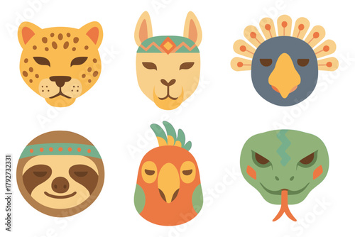 Colorful animal faces in flat design style with tribal accents