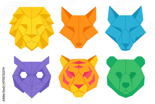Geometric animal faces in vibrant origami style