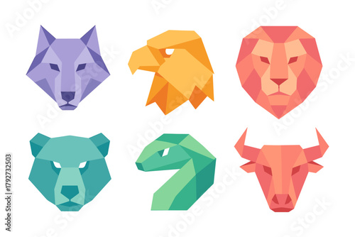 Geometric animal heads: wolf, eagle, lion, bear, snake, bull in vibrant low poly style