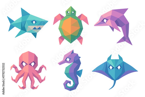 Low poly marine animals collection featuring shark, turtle, dolphin, octopus, seahorse, and ray on a white background