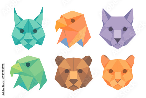 Colorful geometric animal faces: origami style designs for creative projects