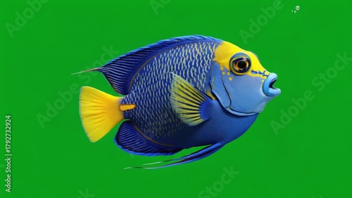 Animated blue and yellow fish blowing bubbles on a green background in a cartoon style green screen fish video