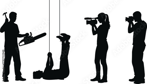 Silhouette of workers and photographers filming action scene, teamwork concept, construction and media collaboration, filming industry, creativit