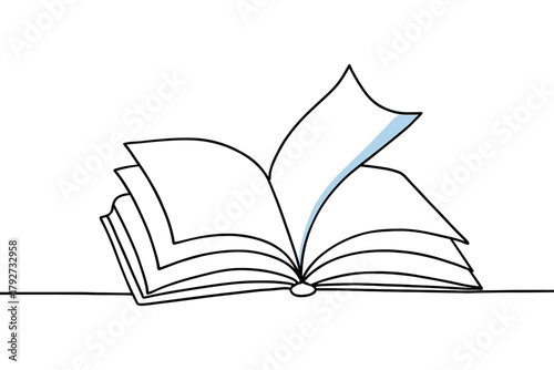 Minimalist continuous line drawing of an open book with a blue accent