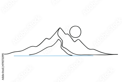 Minimalist mountain landscape with rising sun in linear style