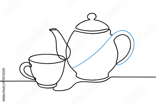 Minimalist one line drawing of teapot and teacup