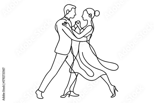 Elegant linear couple dancing in continuous line art style
