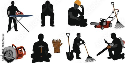 Silhouette of workers with construction tools and safety gear, hard work concept, labor industry, gardening, teamwork, maintenance, handyman, equipment, safety, strength, occupation, repair.