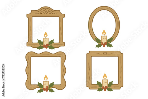 Festive candle-adorned wood frames with holly accents for holiday decor