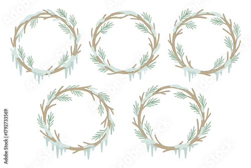 Winter wreath collection with snow and icicles in minimalist design