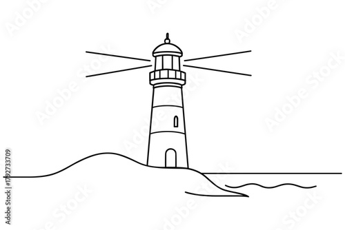 Minimalist lighthouse design with linear waves on shoreline