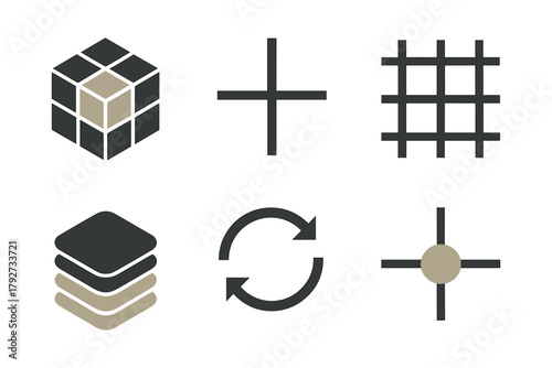 Minimalist geometric icons: cube, cross, grid, layers, refresh, target