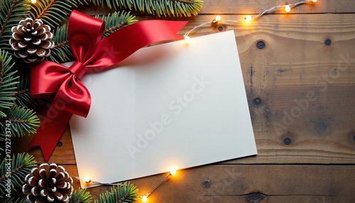 Blank holiday card with pine branches, red bow, and string lights on wood, festive greeting setup