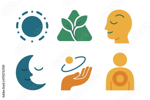 Abstract minimalist icons: nature, mindfulness, and cosmic harmony