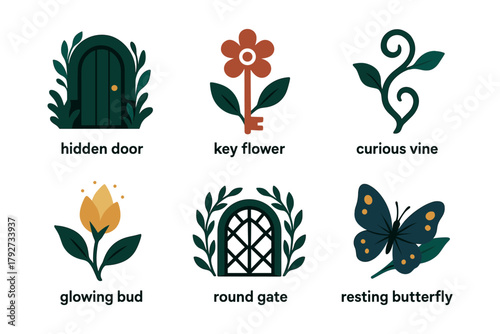 Whimsical nature icons: hidden doors and enchanting flora