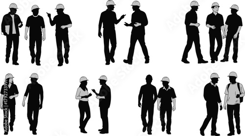 Silhouettes of construction workers talking, engineers and builders in hard hats discussing plans, teamwork and communication concept, industrial labor vector illustration, workplace design art