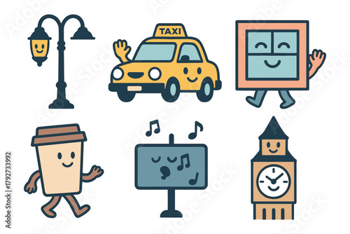 Playful cartoon urban objects: taxi, coffee, london icons with happy faces