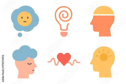 Minimalist mind and emotion icons: creativity, idea, meditation, and wellbeing