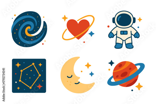Playful space icons featuring astronaut and celestial elements