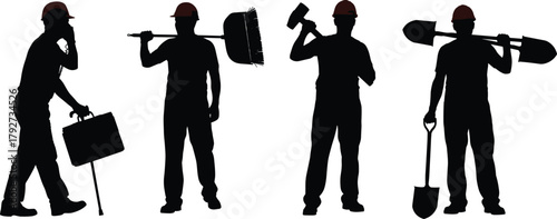 Silhouettes of construction workers, men with tools and hard hats, builder team vector illustration, labor industry concept, engineering and construction work art design