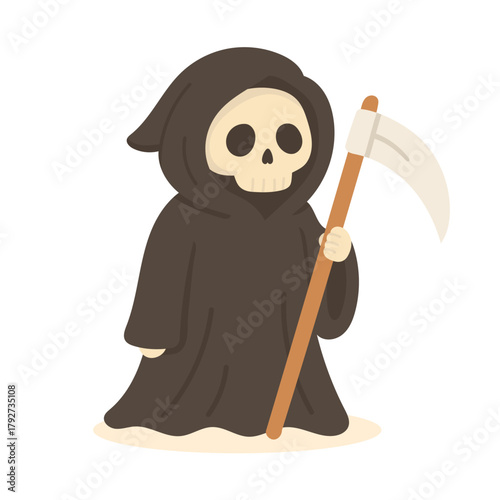 A Whimsical Representation of the Grim Reaper Character in Cute Style, Complete with a Scythe and Flowing Cloak, Perfect for Halloween Theme Illustrations