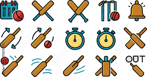 Set of colorful icons representing cricket sport