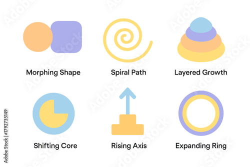 Abstract geometric forms with soft colors featuring spirals and layers