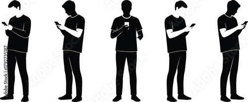 Silhouettes of people using smartphones, digital behavior, mobile engagement, modern lifestyle, technology addiction, vector illustration, black figures, white background, minimal concept
