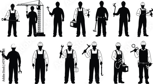Silhouettes of industrial workers with construction tools and safety gear, engineering and electrician team illustration, labor and industry concept, professional workforce vector design