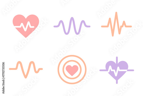 Colorful heartbeat and wave icons set in pastel tones