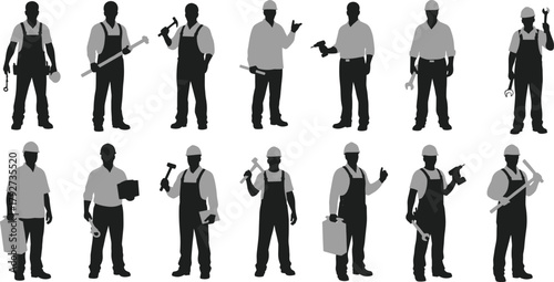 Skilled labor silhouettes, construction and technical workers, tool and gear poses, hard hat team, black figures, vocational theme, digital art, white background