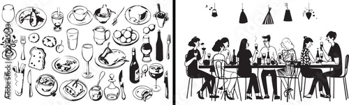 Wine Glass Illustration, Fine Dining Doodle, Food and Drink Art, Restaurant Vector Design, Table Setting Sketch, Dinner Party Clipart, Elegant Dining Outline, Beverage Illustration, Celebration Meal D