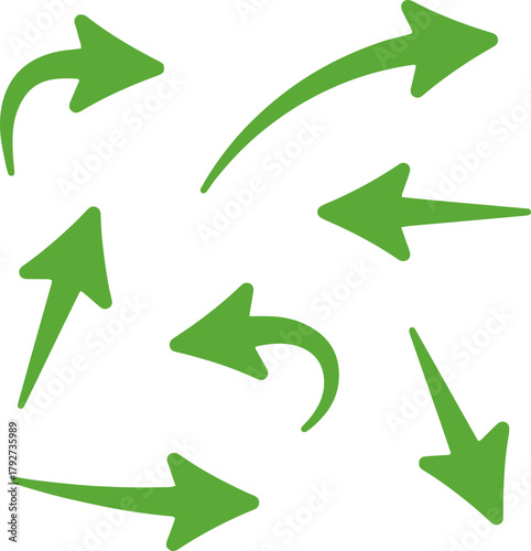 green curved straight direction arrows flat vector set