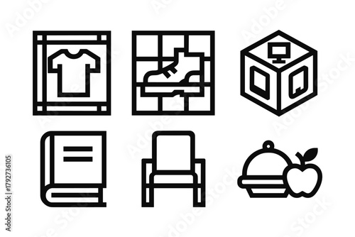 Linear icon set: fashion, footwear, technology, education, furniture, and food