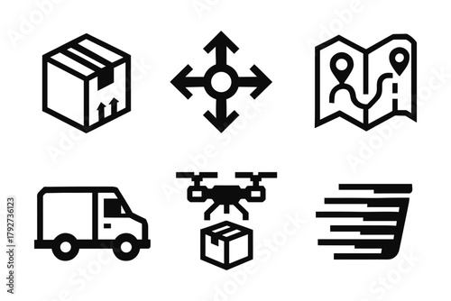 Delivery and logistics icons set with map, drone, truck, and parcel elements