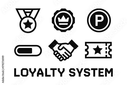 Loyalty system icons: reward, points, ticket, badge, handshake, medal