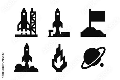 Space exploration symbols: rocket launch, planets, flag icon set