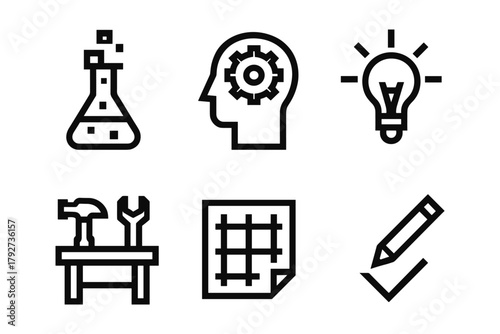 Linear icons of science tools and creative process elements for innovative projects